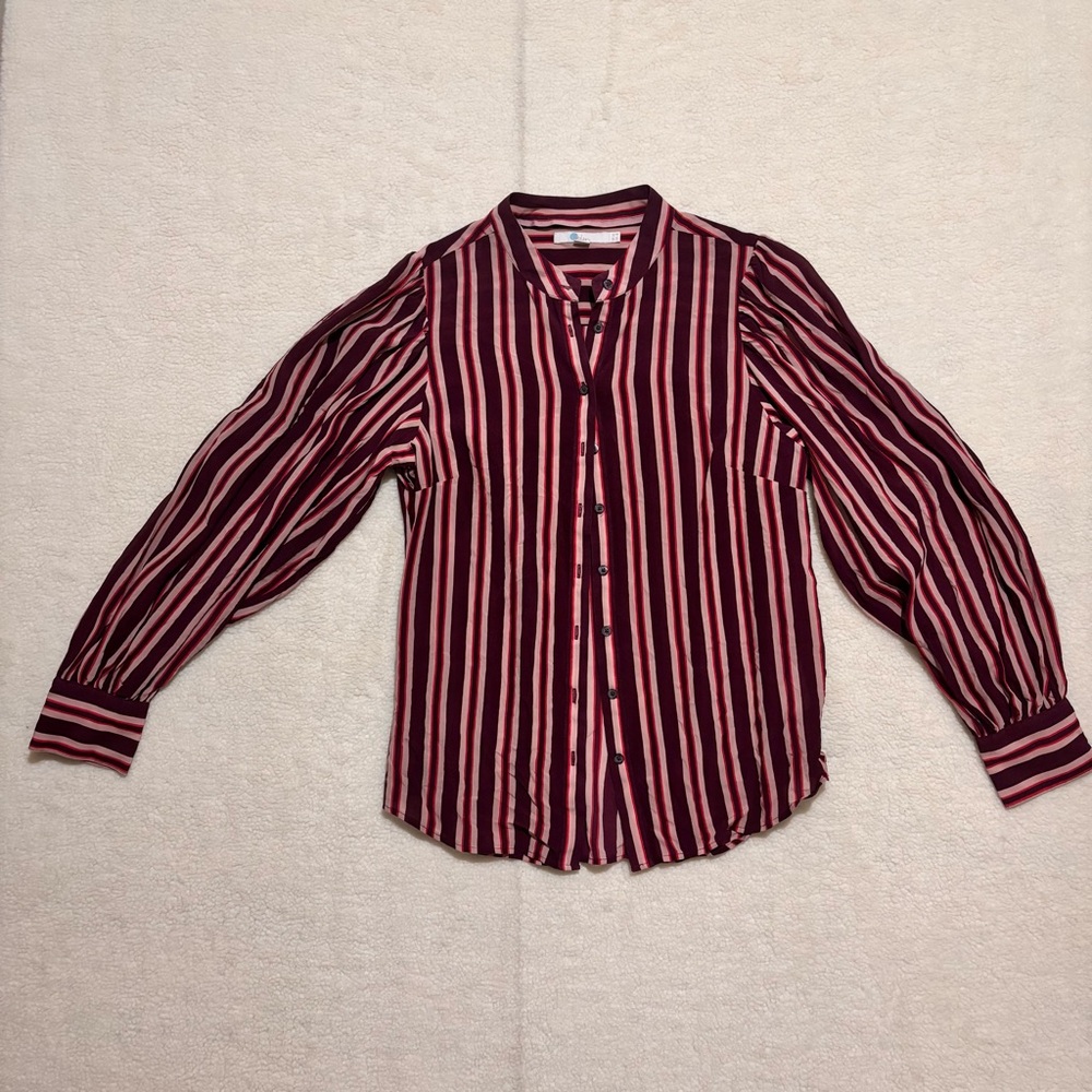 Boden Womens 8 Blouson Sleeve Silk Shirt Striped Button Maroon Quiet Luxury EUC